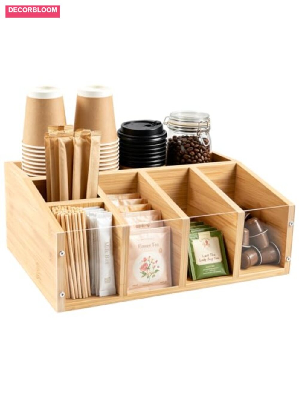 Wood Coffee Station Organizer Farmhouse Caddy 6 Compartments, Countertop